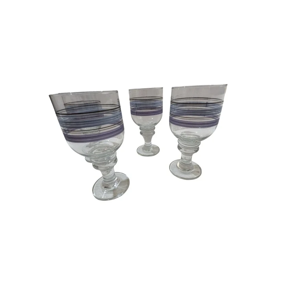 Pfaltzgraff Rio Glassware Set of 4 Purple Blue Striped Water Goblets 7 inch
